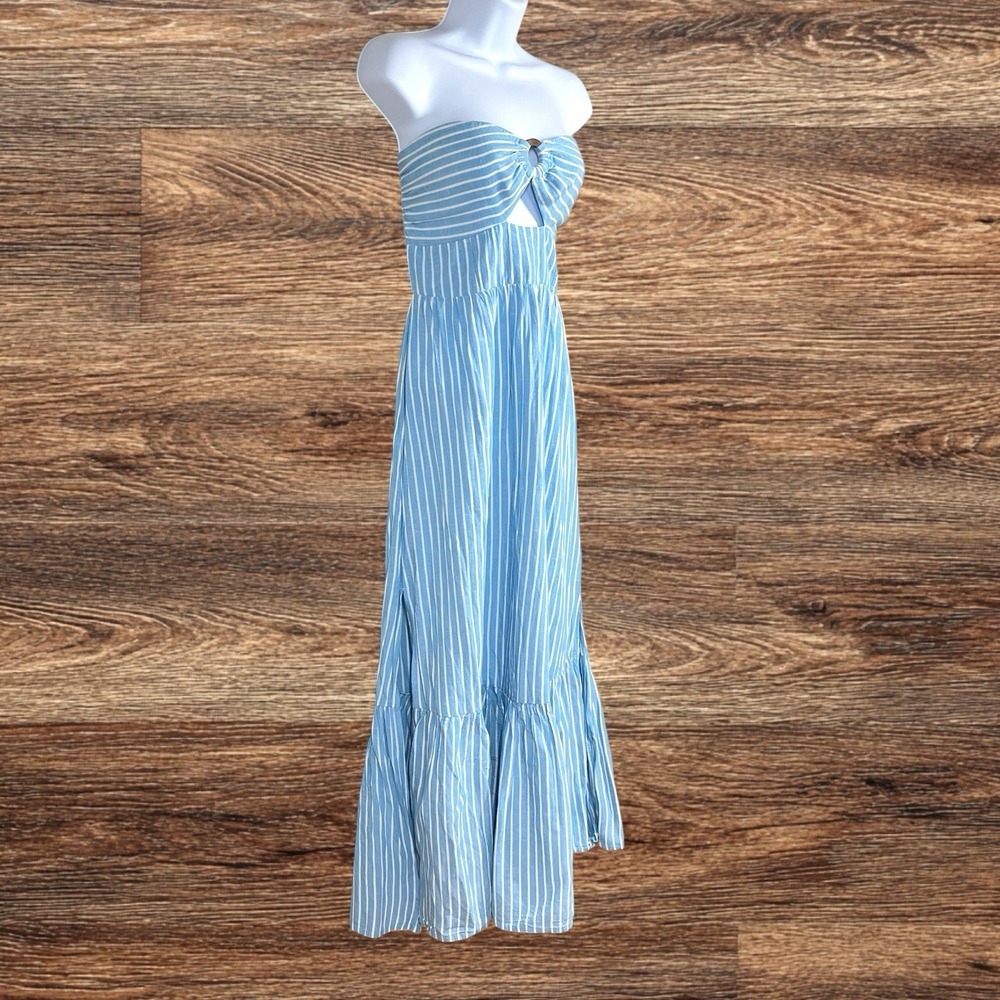 L*Space Melody Dress Size M Blue Bay Stripes Linen Blend Strapless Maxi Tiered - Picture 4 of 8